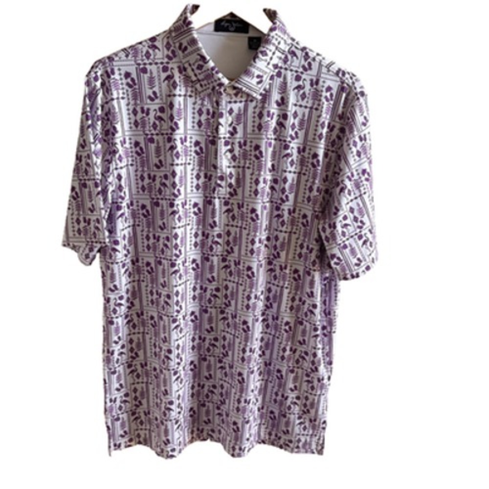Byron Nelson Mens M Purple White Flamingo Pineapple Tropical Golf Polo Shirt